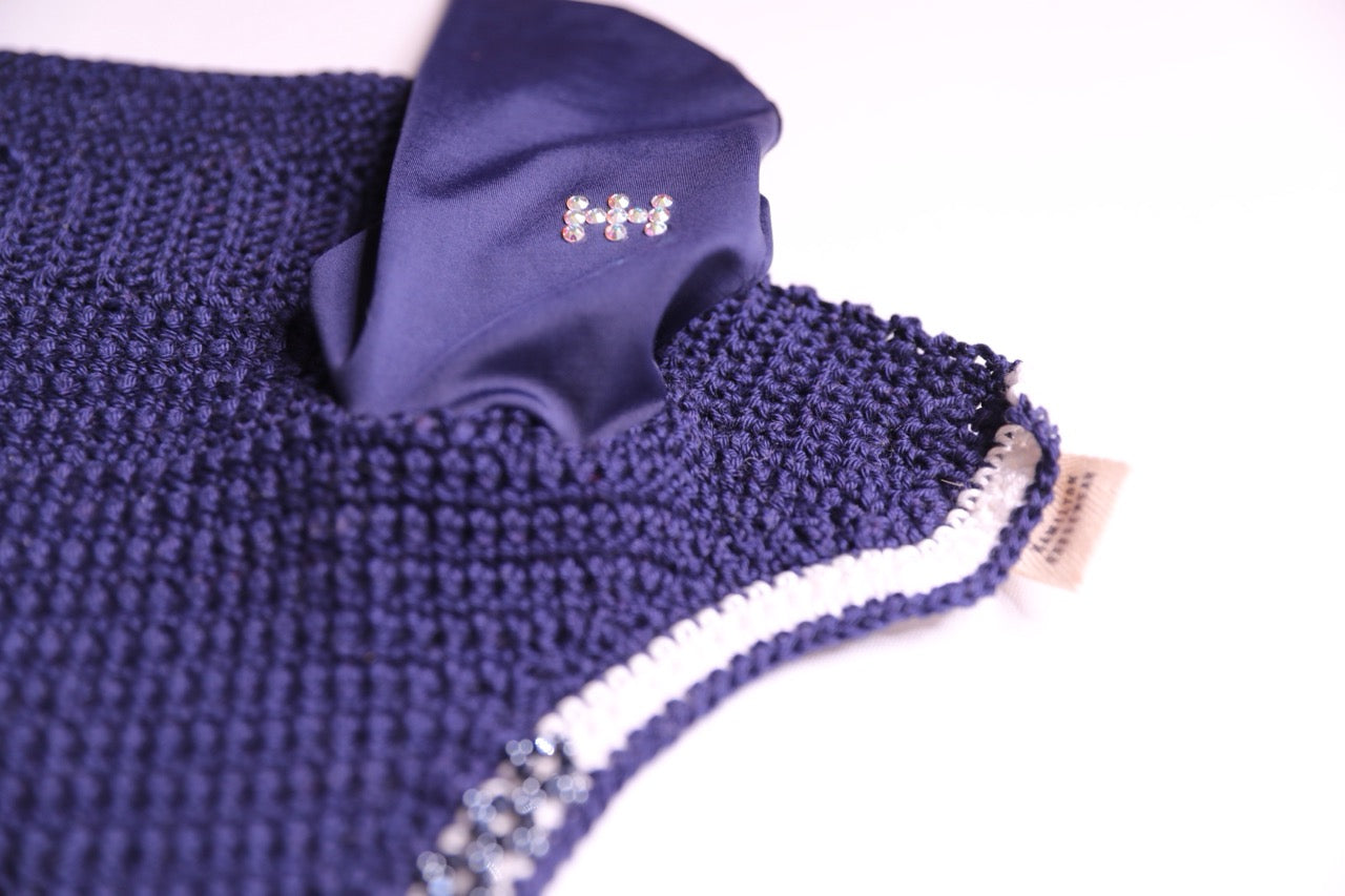 Navy Blue Horse Bonnet Tie Down - Handmade crochet white and navy blue trim with Swarovski crystals and hand beadwork with crystals.