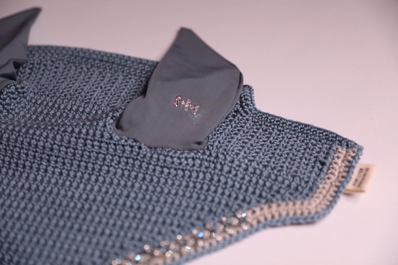 Seal Blue Horse Bonnet Tie Down - Handmade crochet silver and seal blue trim with Swarovski crystals and hand beadwork with crystals.
