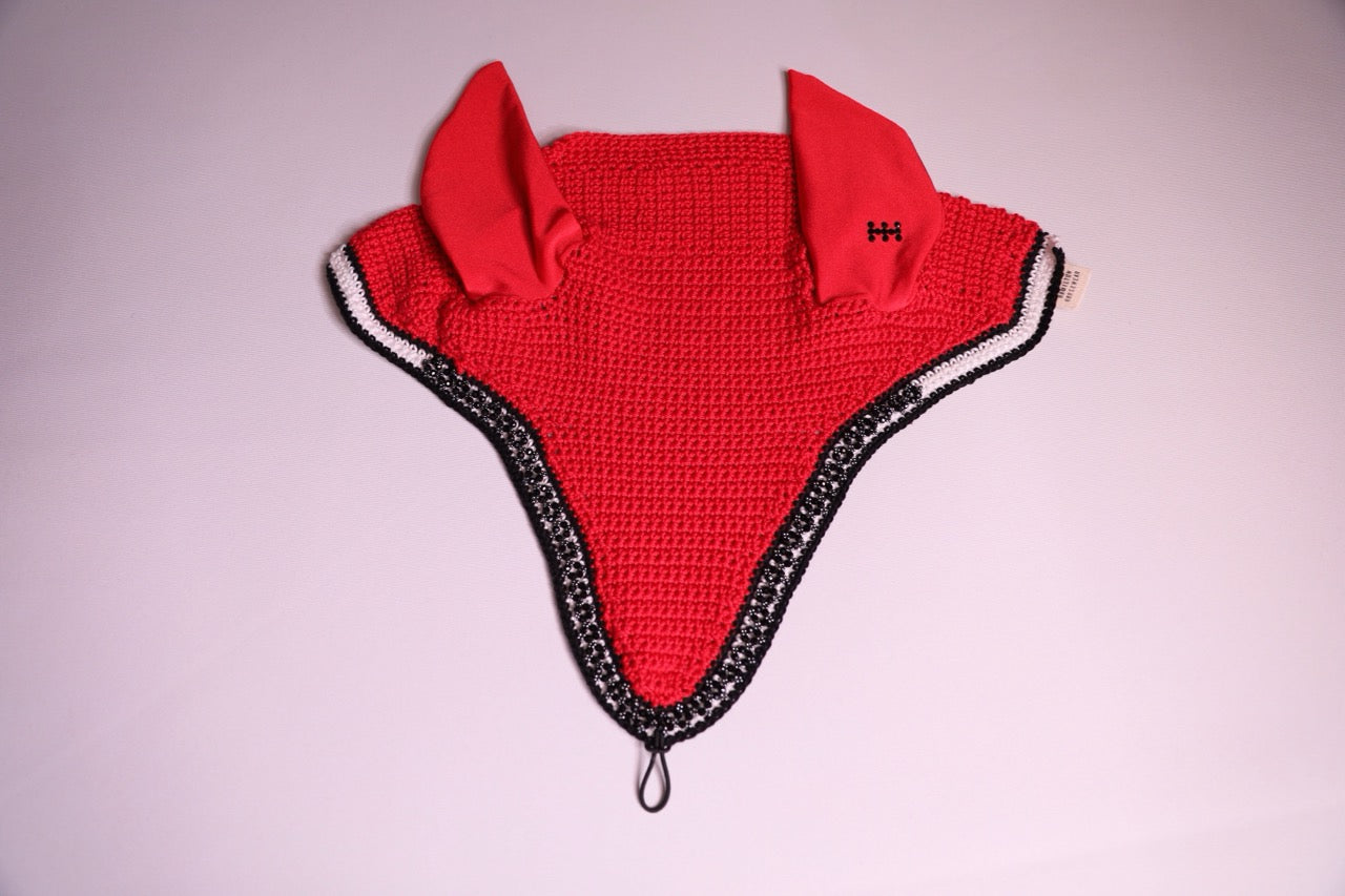 Red Horse Bonnet Tie Down - Handmade crochet white and black trim with Swarovski crystals and hand beadwork with crystals.