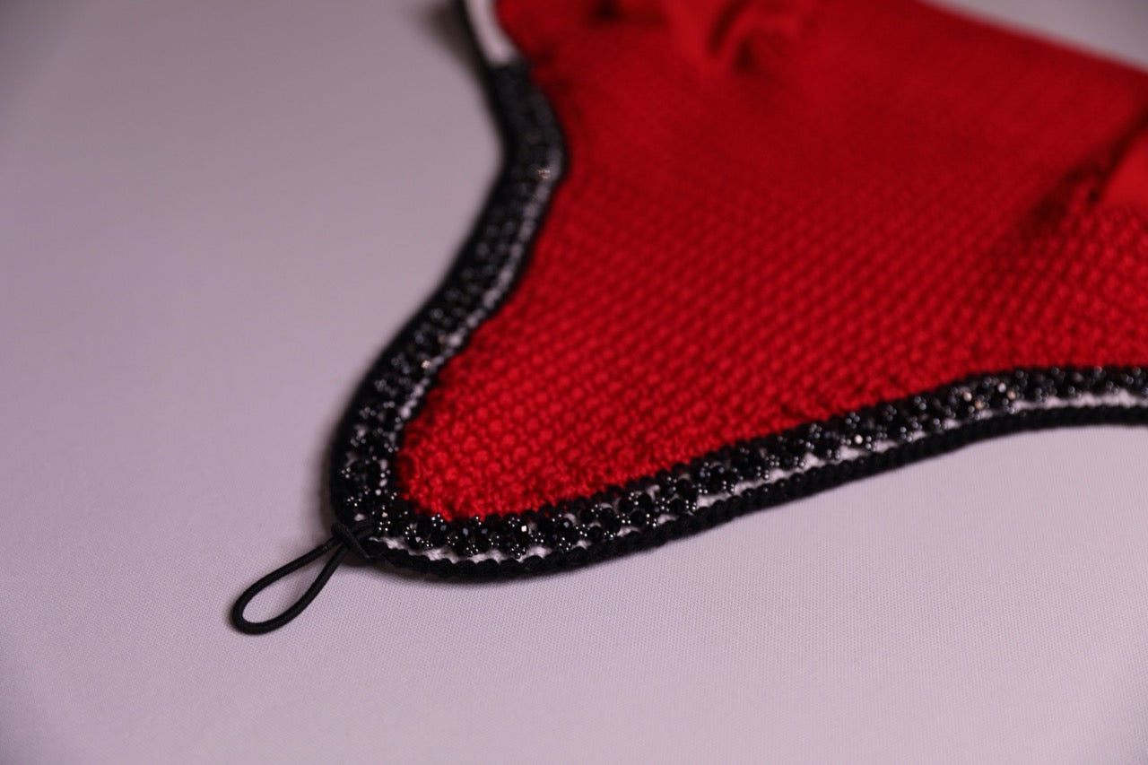 Red Horse Bonnet Tie Down - Handmade crochet white and black trim with Swarovski crystals and hand beadwork with crystals.