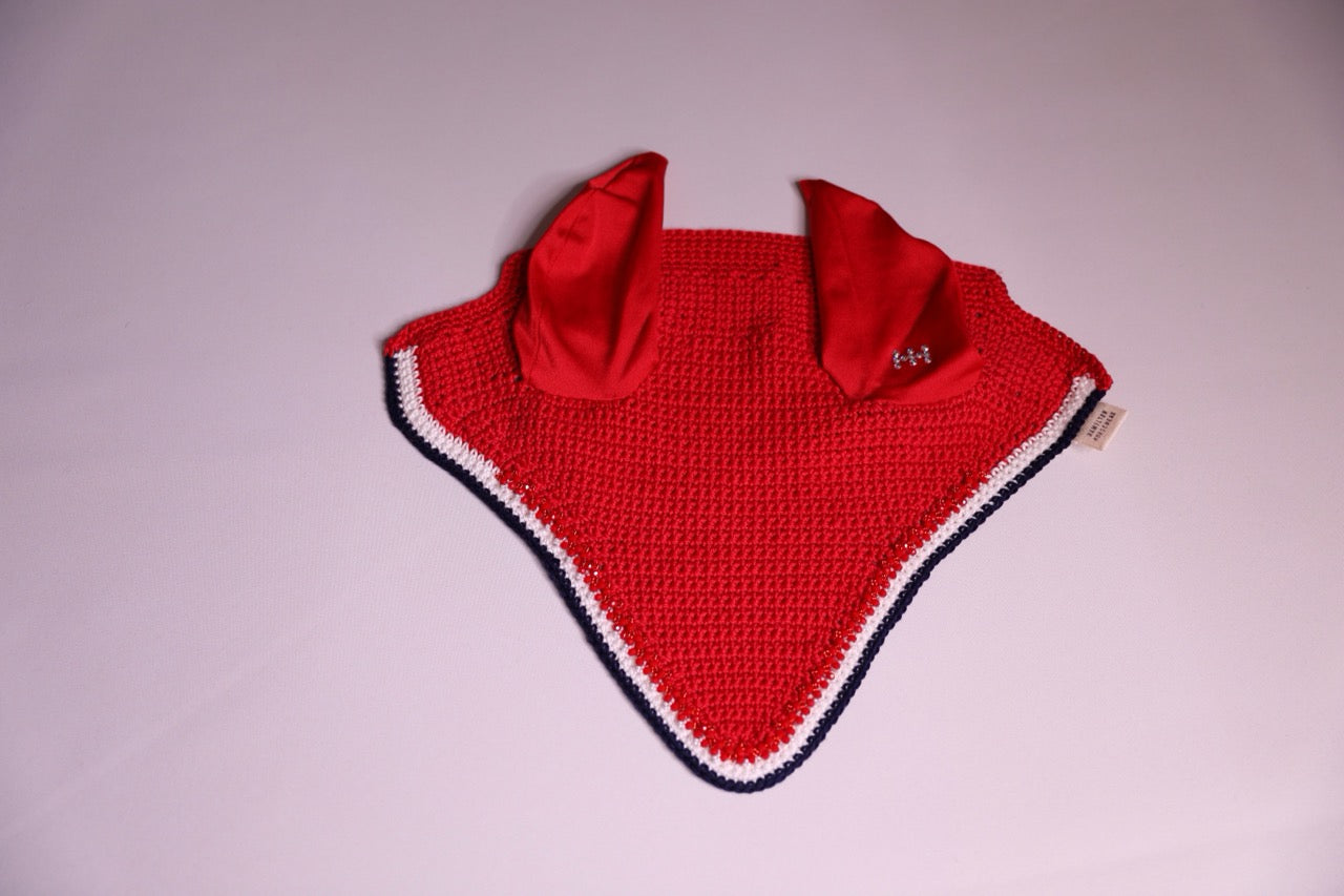 Red Horse Bonnet - Handmade crochet white and navy blue trim with Swarovski crystals and hand beadwork with crystals.