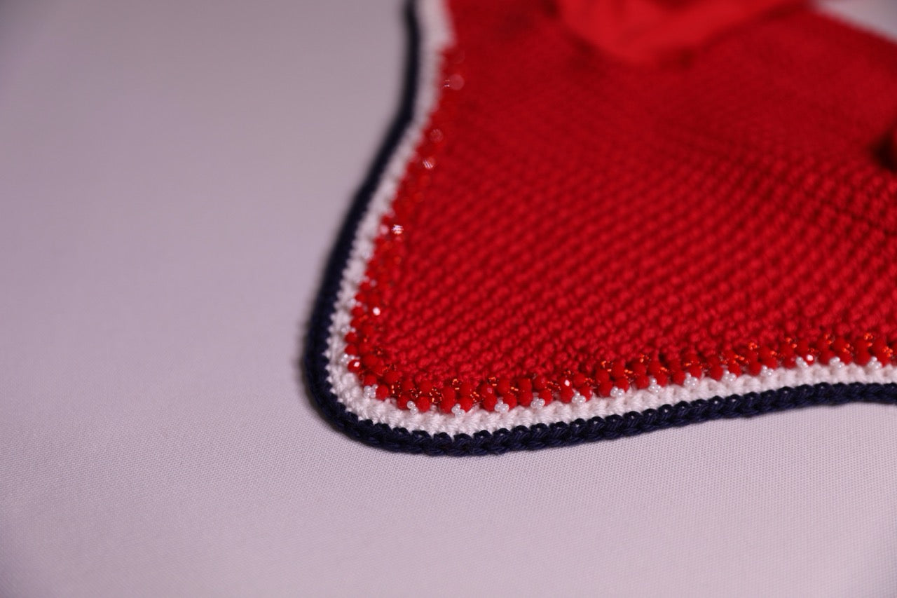 Red Horse Bonnet - Handmade crochet white and navy blue trim with Swarovski crystals and hand beadwork with crystals.