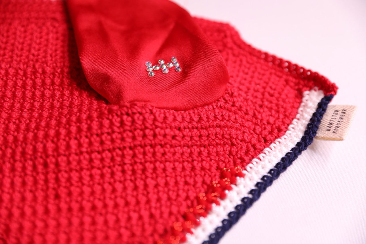 Red Horse Bonnet - Handmade crochet white and navy blue trim with Swarovski crystals and hand beadwork with crystals.
