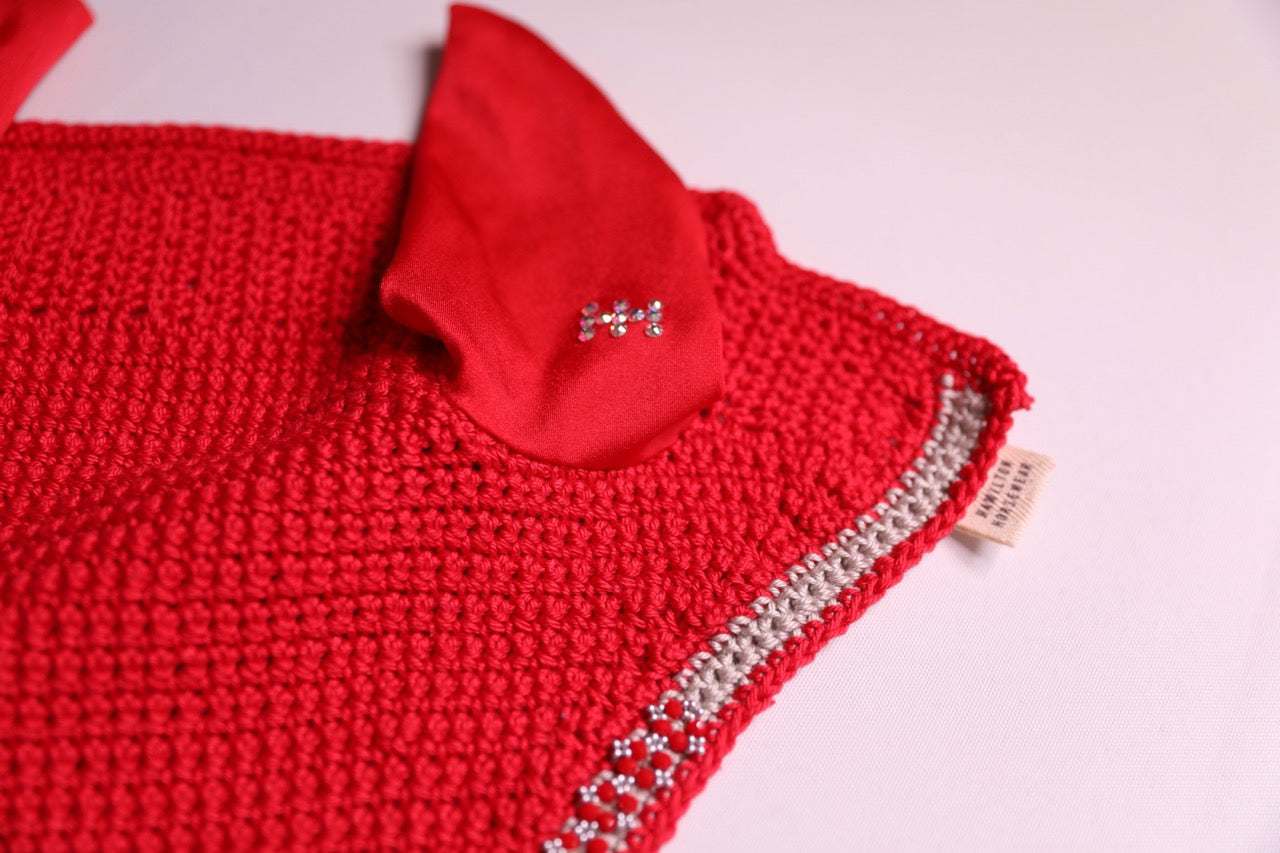 Red Horse Bonnet Tie Down - Handmade crochet silver and red trim with Swarovski crystals and hand beadwork with crystals.