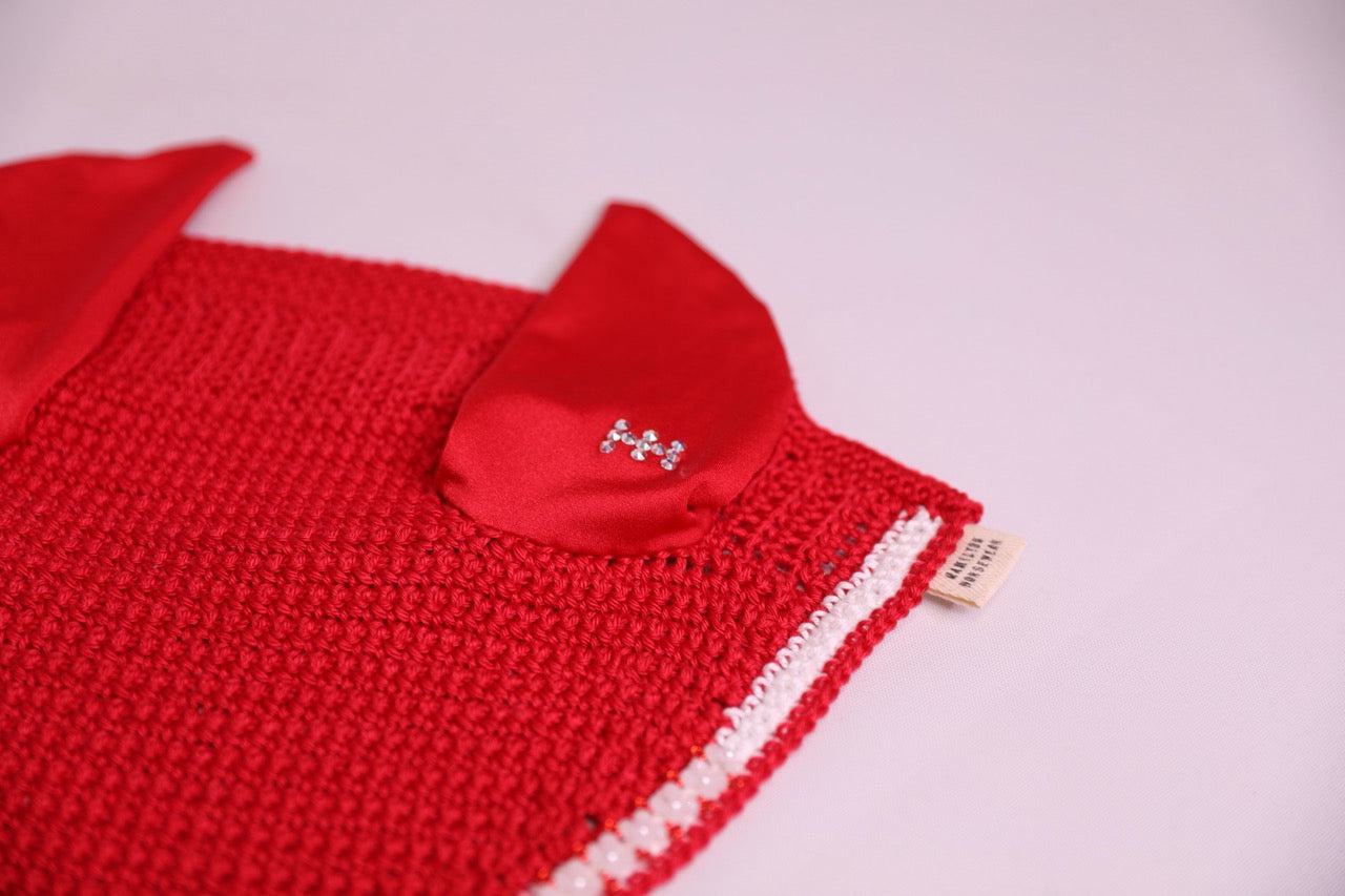 Red Horse Bonnet - Handmade crochet red and white trim with Swarovski crystals and hand beadwork with crystals.