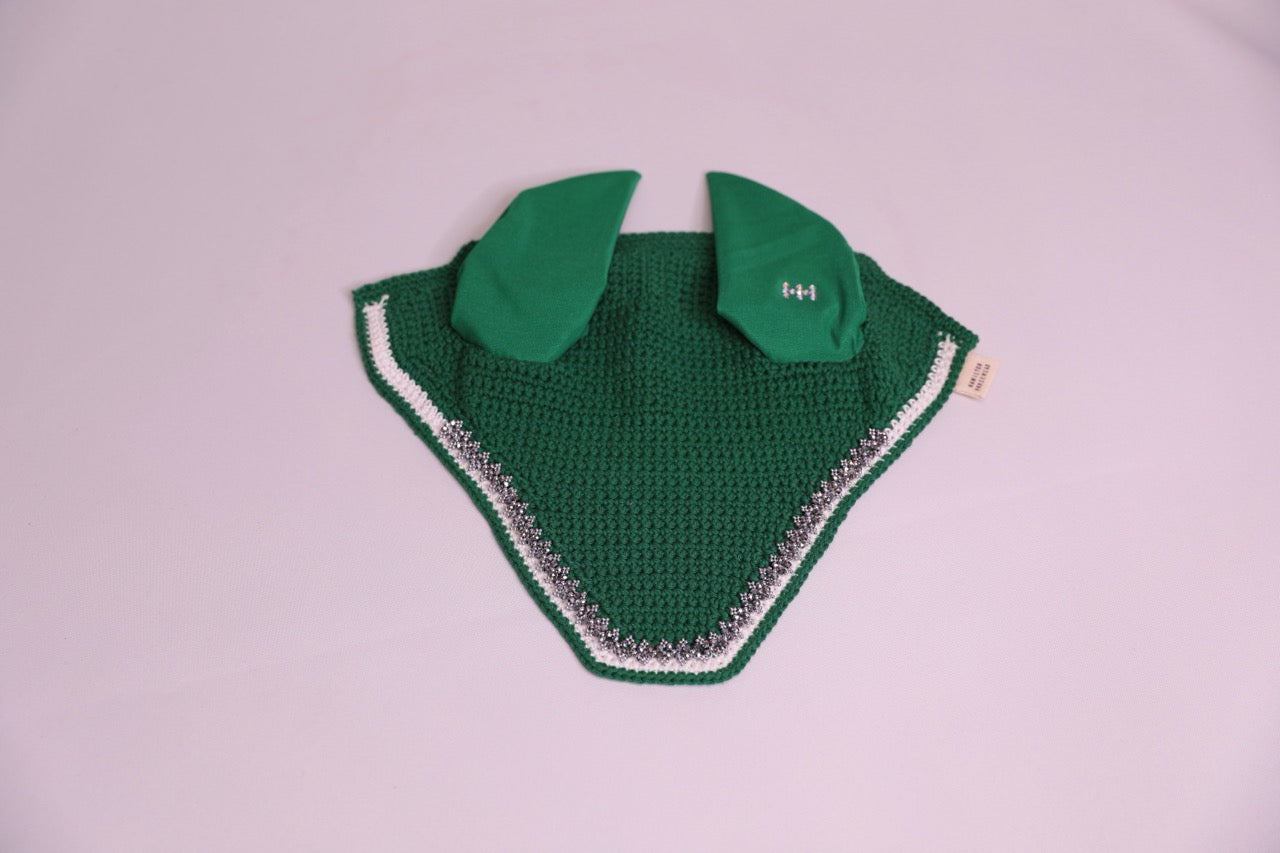 Hunter Green Horse Bonnet - Handmade crochet white and hunter green trim with Swarovski crystals and hand beadwork with crystals.