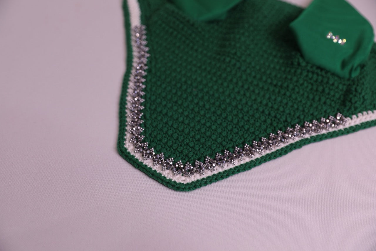 Hunter Green Horse Bonnet - Handmade crochet white and hunter green trim with Swarovski crystals and hand beadwork with crystals.
