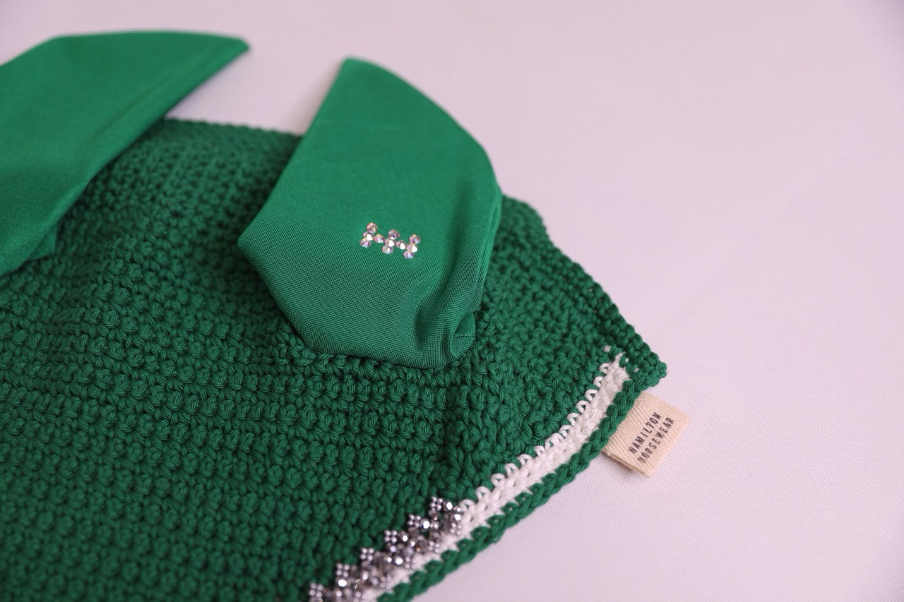 Hunter Green Horse Bonnet - Handmade crochet white and hunter green trim with Swarovski crystals and hand beadwork with crystals.