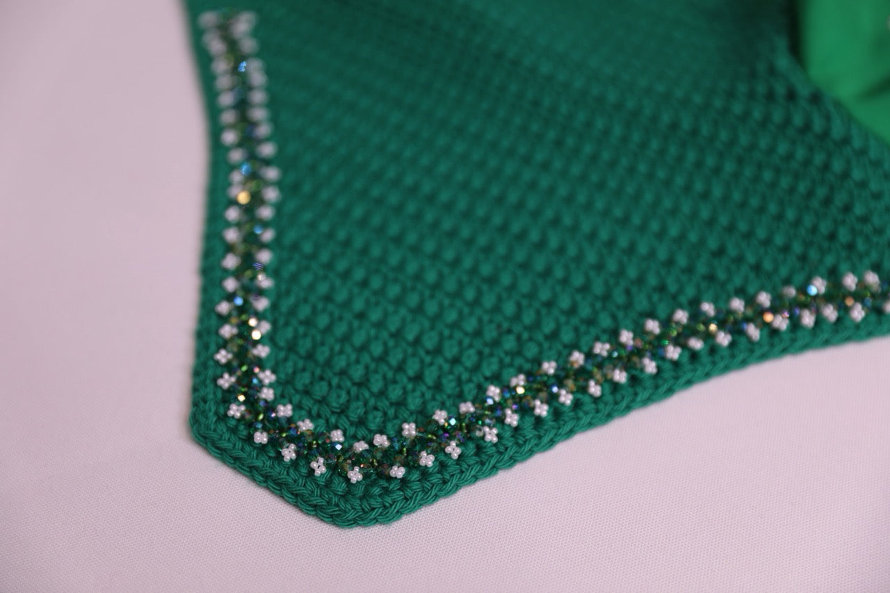 Hunter Green Horse Bonnet - Handmade crochet hunter green trim with Swarovski crystals and hand beadwork with crystals.
