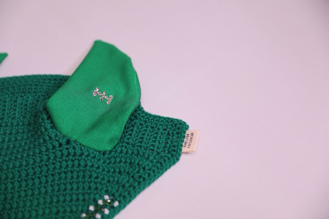 Hunter Green Horse Bonnet - Handmade crochet hunter green trim with Swarovski crystals and hand beadwork with crystals.