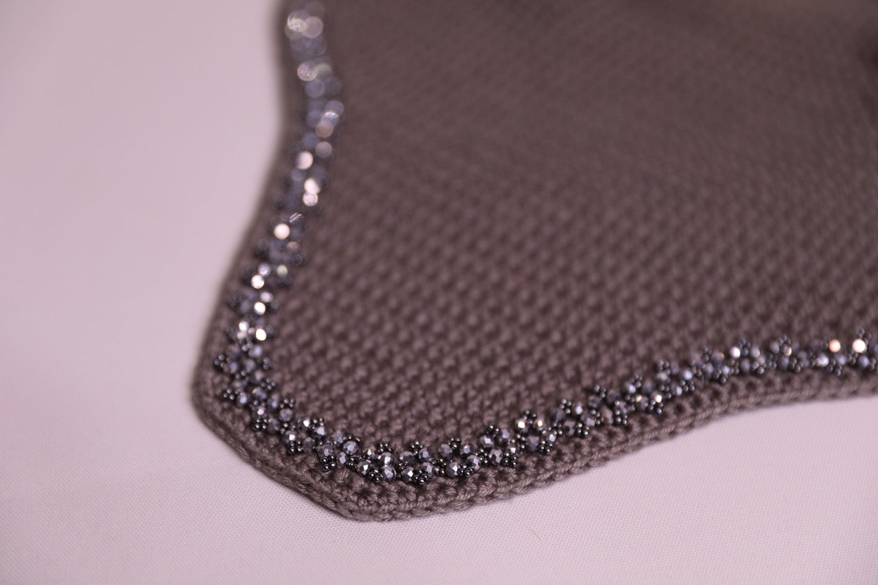 Charcoal Horse Bonnet with Swarovski crystals and hand beadwork with crystals.