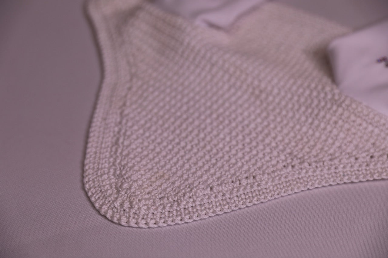 White Horse Bonnet - Handmade crochet with Swarovski crystals.
