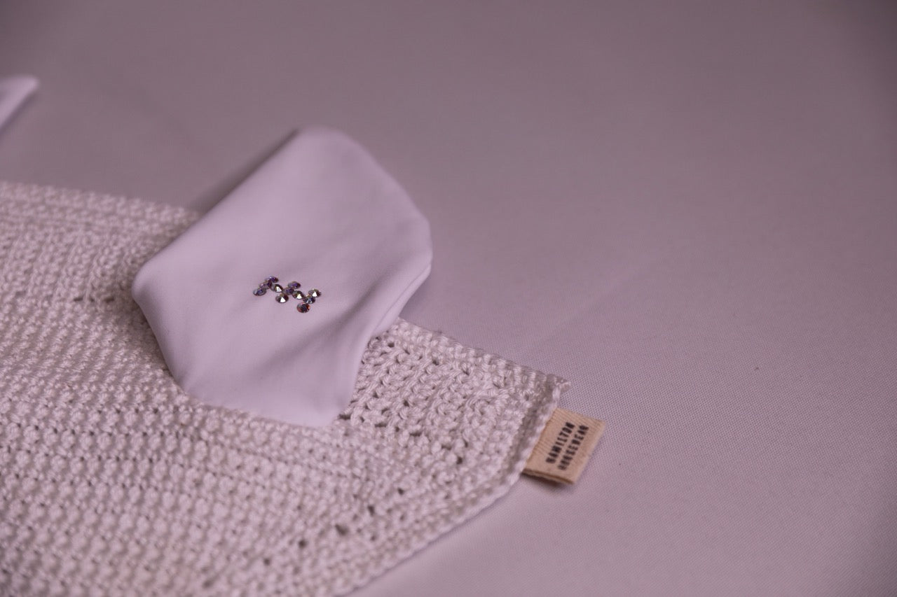 White Horse Bonnet - Handmade crochet with Swarovski crystals.