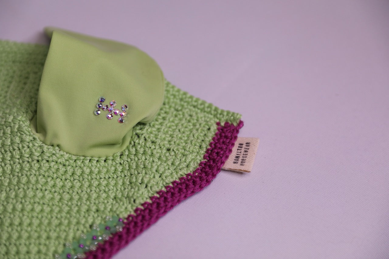Lime Green Horse Bonnet - Handmade crochet lime green and purple trim with Swarovski crystals and hand beadwork with crystals.