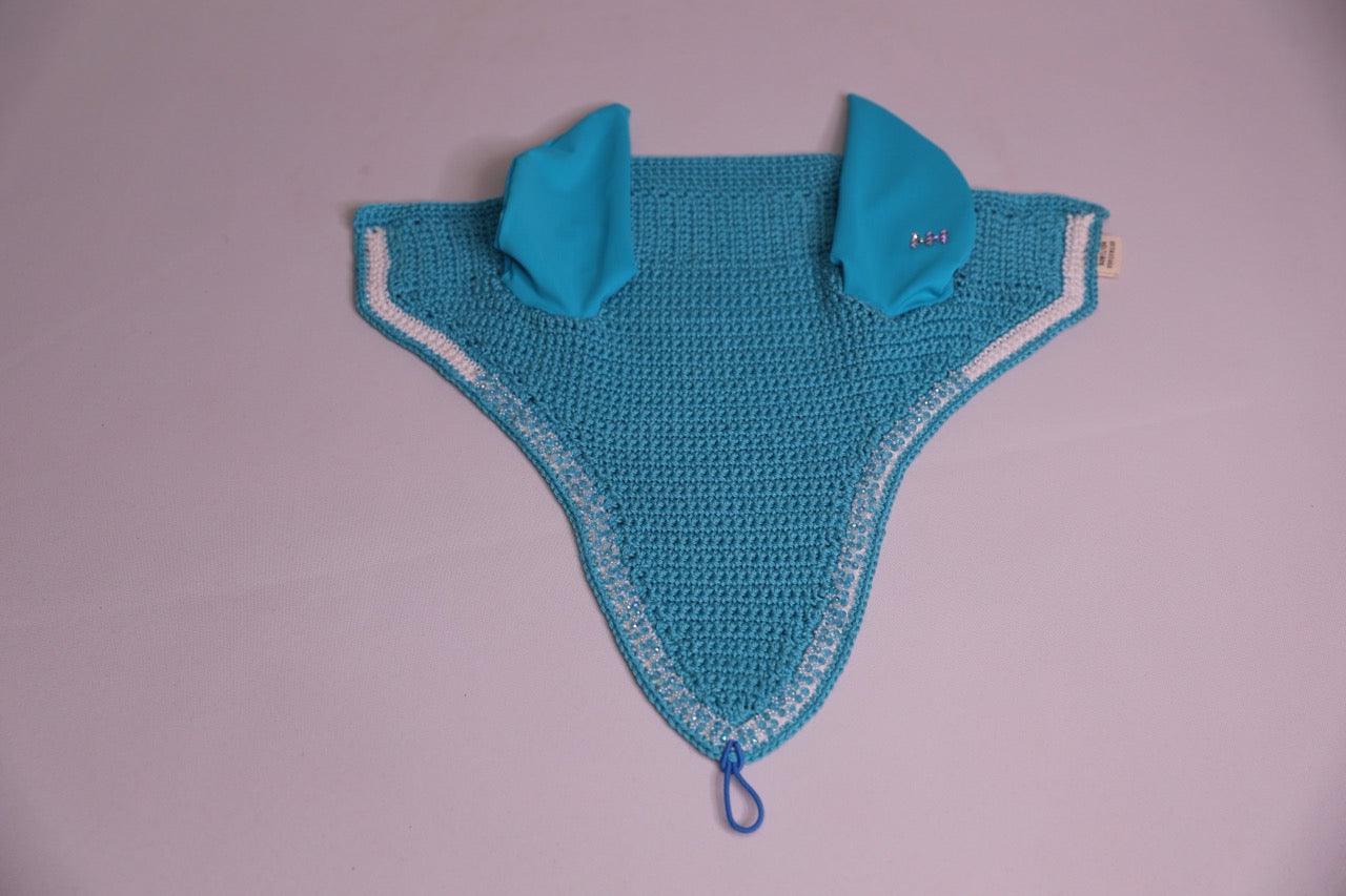 Light Blue Horse Bonnet Tie Down - Handmade crochet white and light blue trim with Swarovski crystals and hand beadwork with crystals.