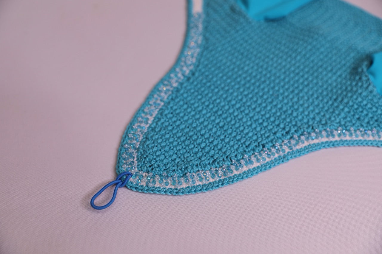 Light Blue Horse Bonnet Tie Down - Handmade crochet white and light blue trim with Swarovski crystals and hand beadwork with crystals.