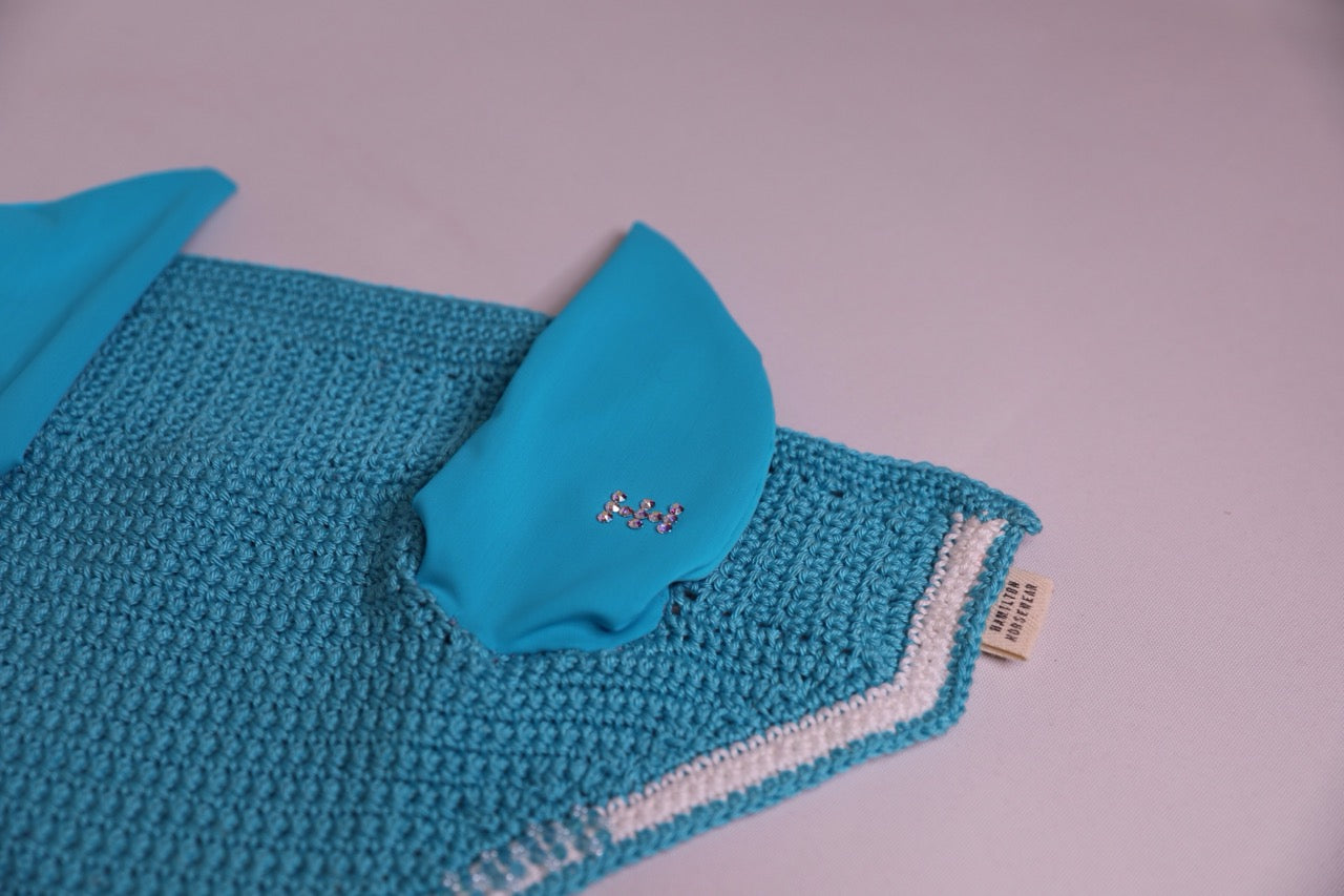 Light Blue Horse Bonnet Tie Down - Handmade crochet white and light blue trim with Swarovski crystals and hand beadwork with crystals.