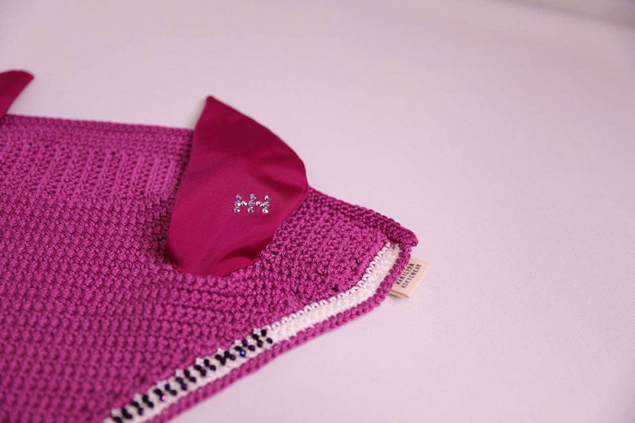Fuchsia Warmblood Bonnet Tie Down - Handmade crochet white and fuchsia trim with Swarovski crystals and hand beadwork with crystals.