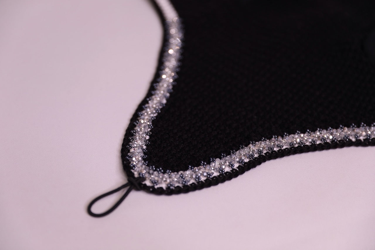 Black Horse Bonnet Tie Down - Handmade crochet white and black trim with Swarovski crystals and hand beadwork with crystals.