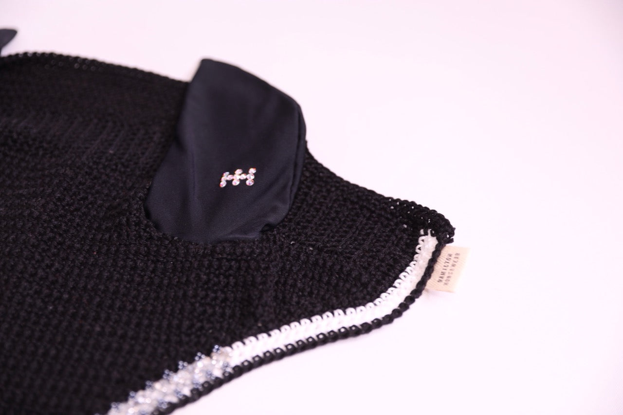 Black Horse Bonnet Tie Down - Handmade crochet white and black trim with Swarovski crystals and hand beadwork with crystals.