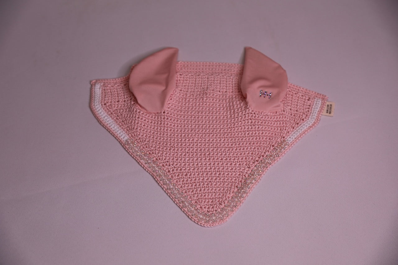 Princess Pink Horse Bonnet - Handmade crochet white and princess pink trim with Swarovski crystals and hand beadwork with crystals.