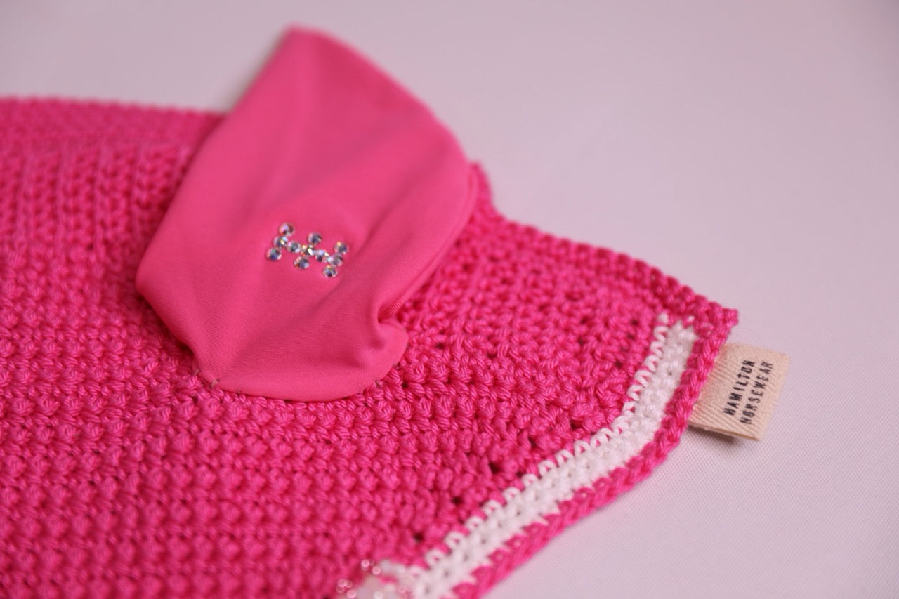French Pink Horse Bonnet - Handmade crochet white and french pink trim with Swarovski crystals and hand beadwork with crystals.