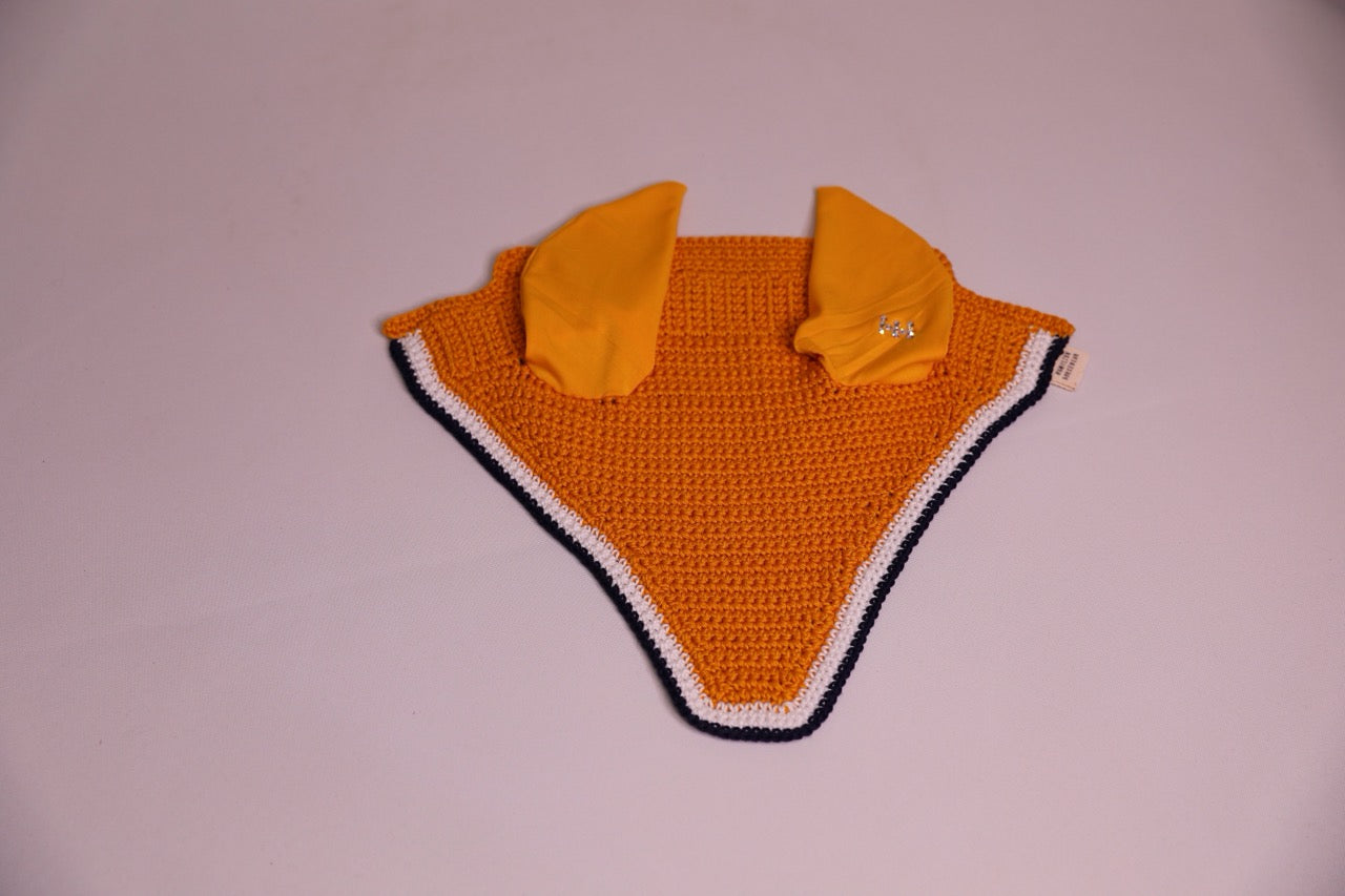 Varsity Edition Tuscany Yellow Horse Bonnet - Handmade crochet white and navy blue trim with Swarovski crystals.