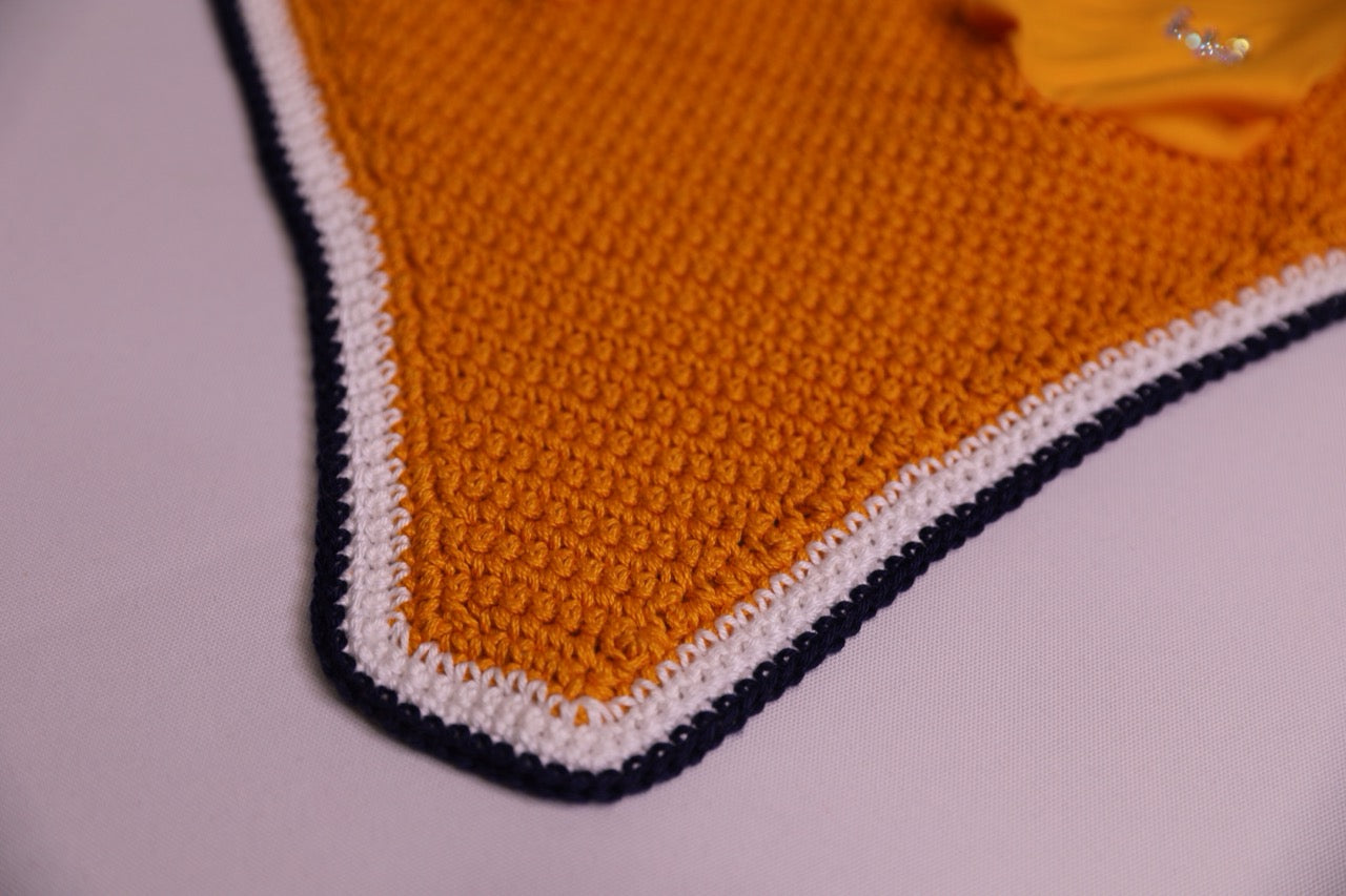 Varsity Edition Tuscany Yellow Horse Bonnet - Handmade crochet white and navy blue trim with Swarovski crystals.