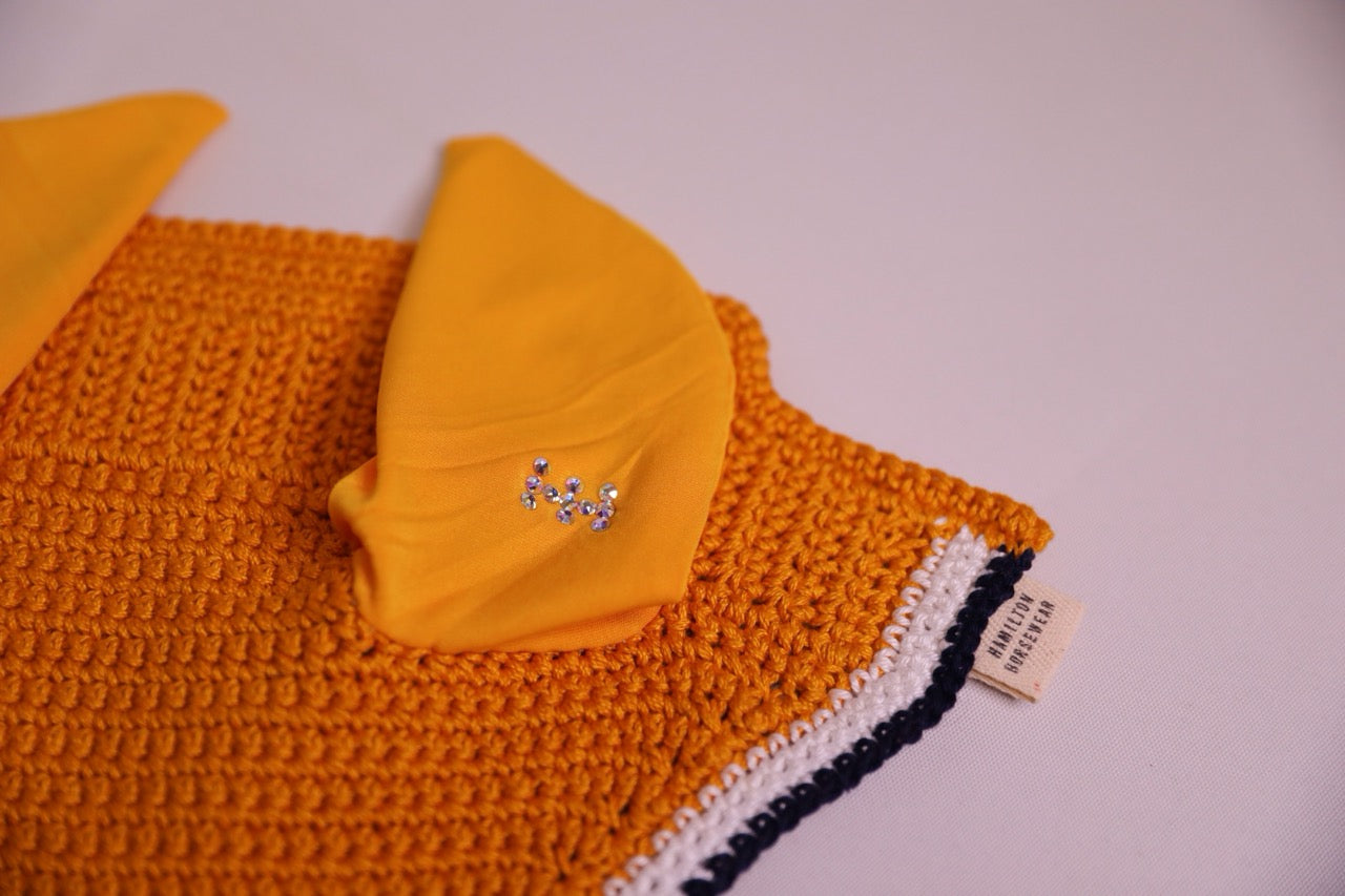 Varsity Edition Tuscany Yellow Horse Bonnet - Handmade crochet white and navy blue trim with Swarovski crystals.