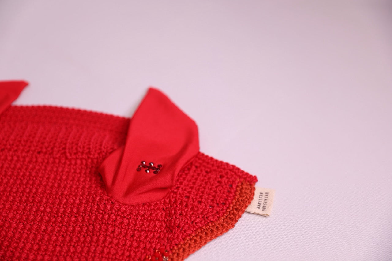 Red Horse Bonnet - Handmade crochet red and orange trim with Swarovski crystals and hand beadwork with crystals.