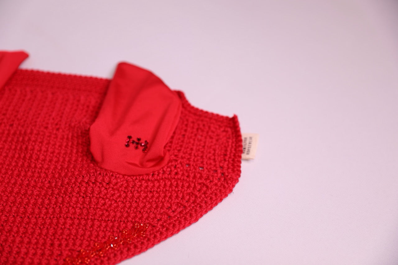 Red Horse Bonnet - Handmade crochet red trim with Swarovski crystals and hand beadwork with crystals.