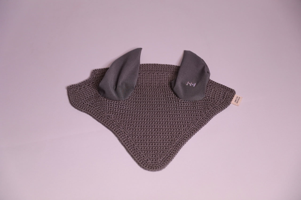 Charcoal Pony Bonnet - Handmade crochet with Swarovski crystals.