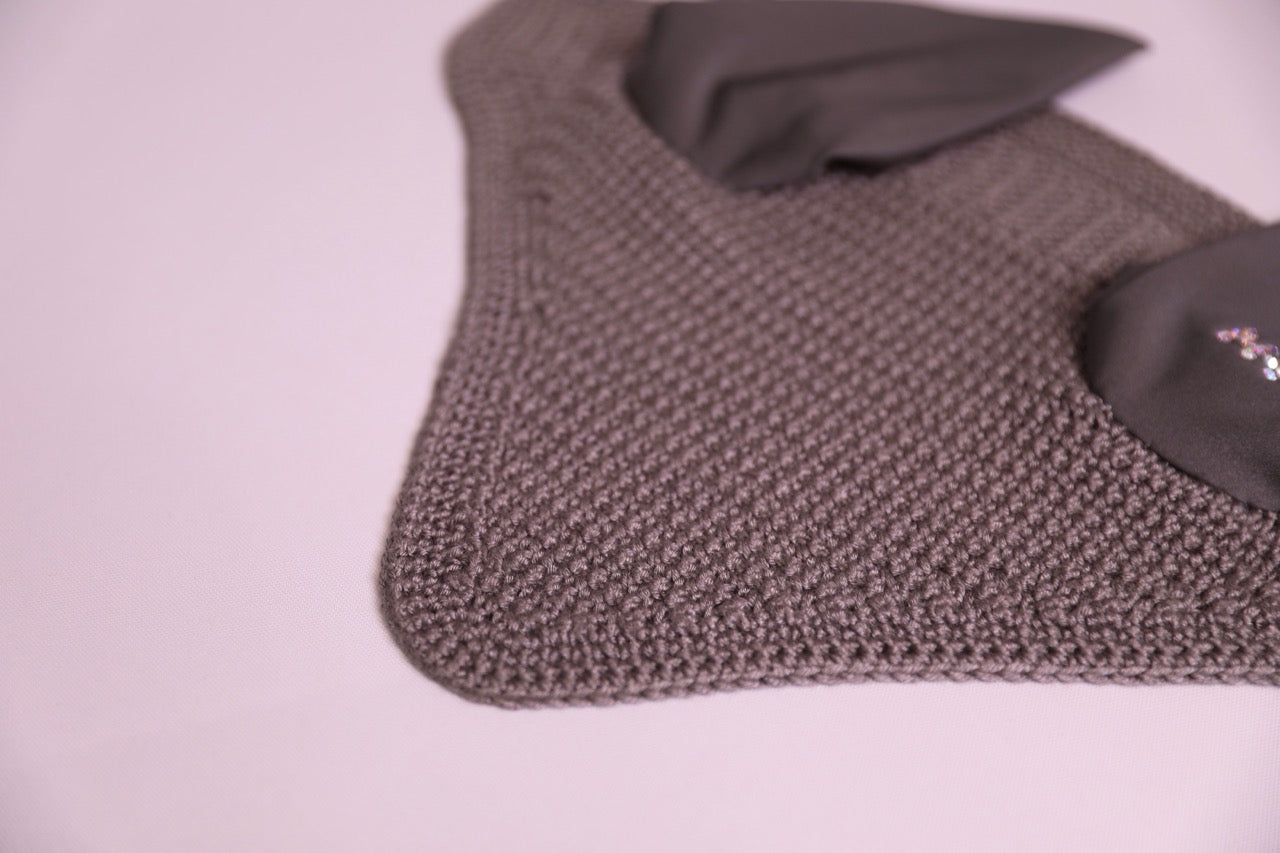 Charcoal Pony Bonnet - Handmade crochet with Swarovski crystals.