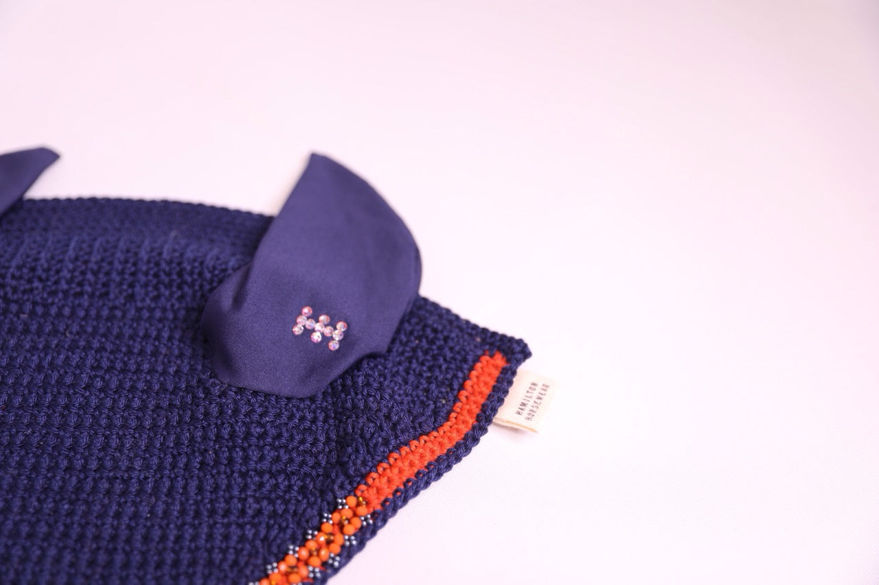 Navy Blue Horse Bonnet - Handmade crochet orange and navy blue trim with Swarovski crystals and hand beadwork with crystals.