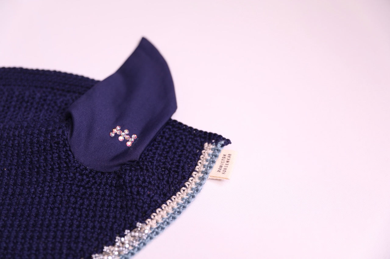 Navy Blue Horse Bonnet - Handmade crochet silver and seal blue trim with Swarovski crystals and hand beadwork with crystals.