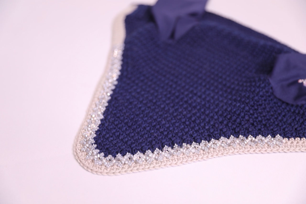 Navy Blue Horse Bonnet - Handmade crochet silver trim with Swarovski crystals and hand beadwork with crystals.