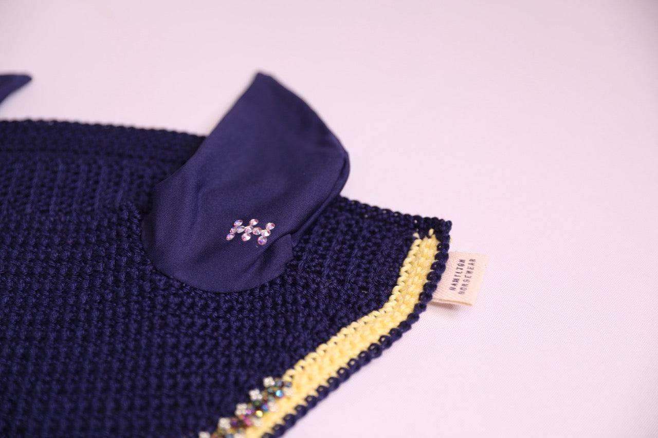 Navy Blue Horse Bonnet - Handmade crochet yellow and navy blue trim with Swarovski crystals and hand beadwork with crystals.
