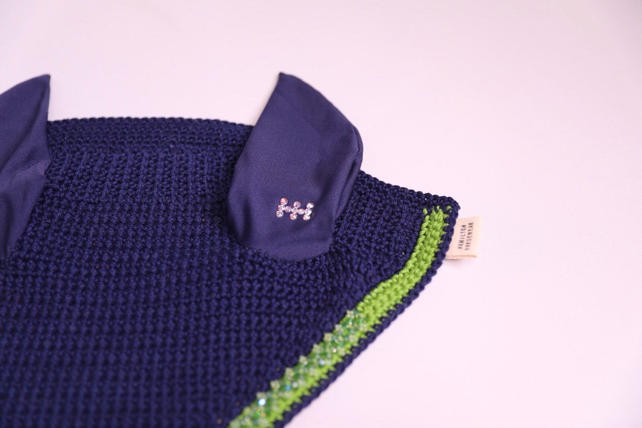 Navy Blue Horse Bonnet - Handmade crochet green and navy blue trim with Swarovski crystals and hand beadwork with crystals.