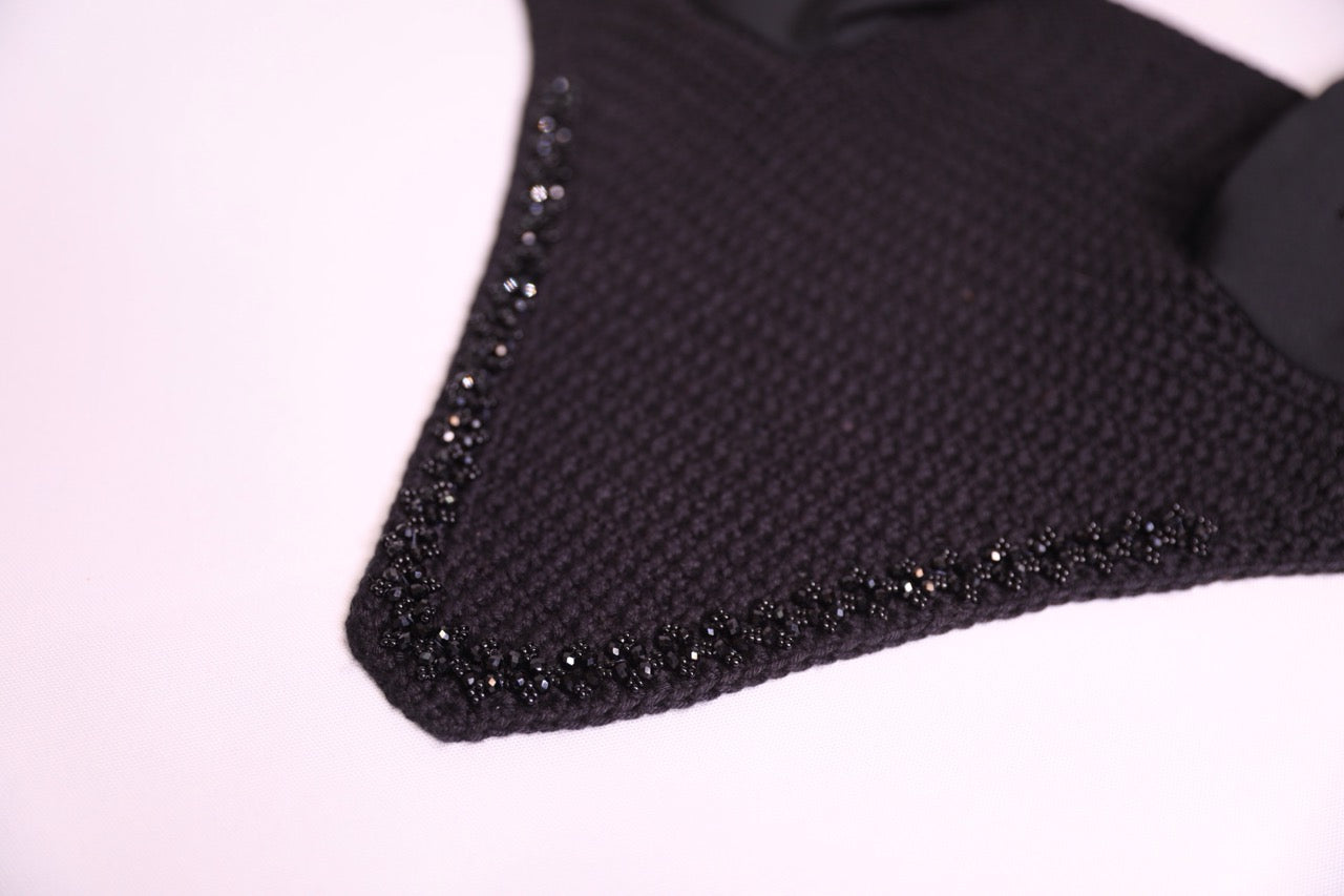 Black Horse Bonnet with Swarovski crystals and hand beadwork with crystals.
