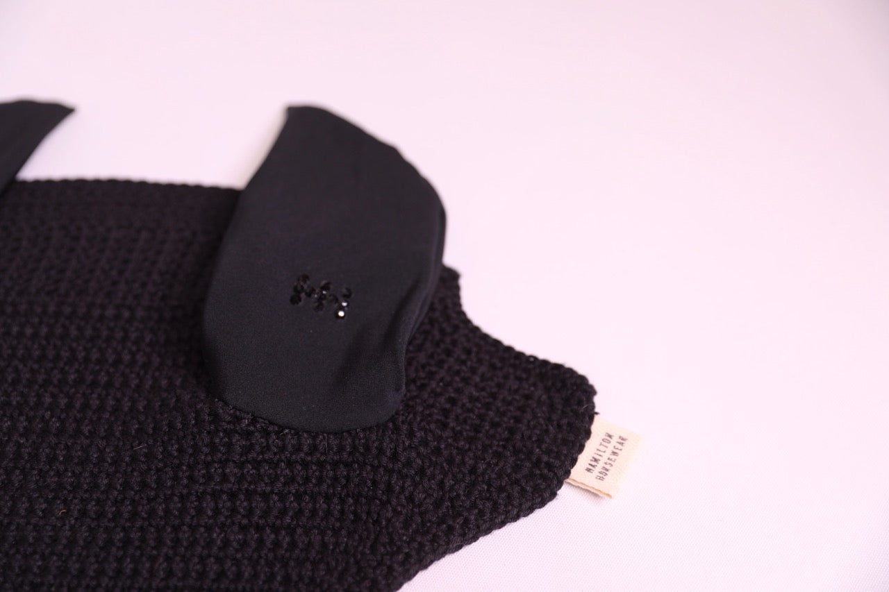 Black Horse Bonnet with Swarovski crystals and hand beadwork with crystals.