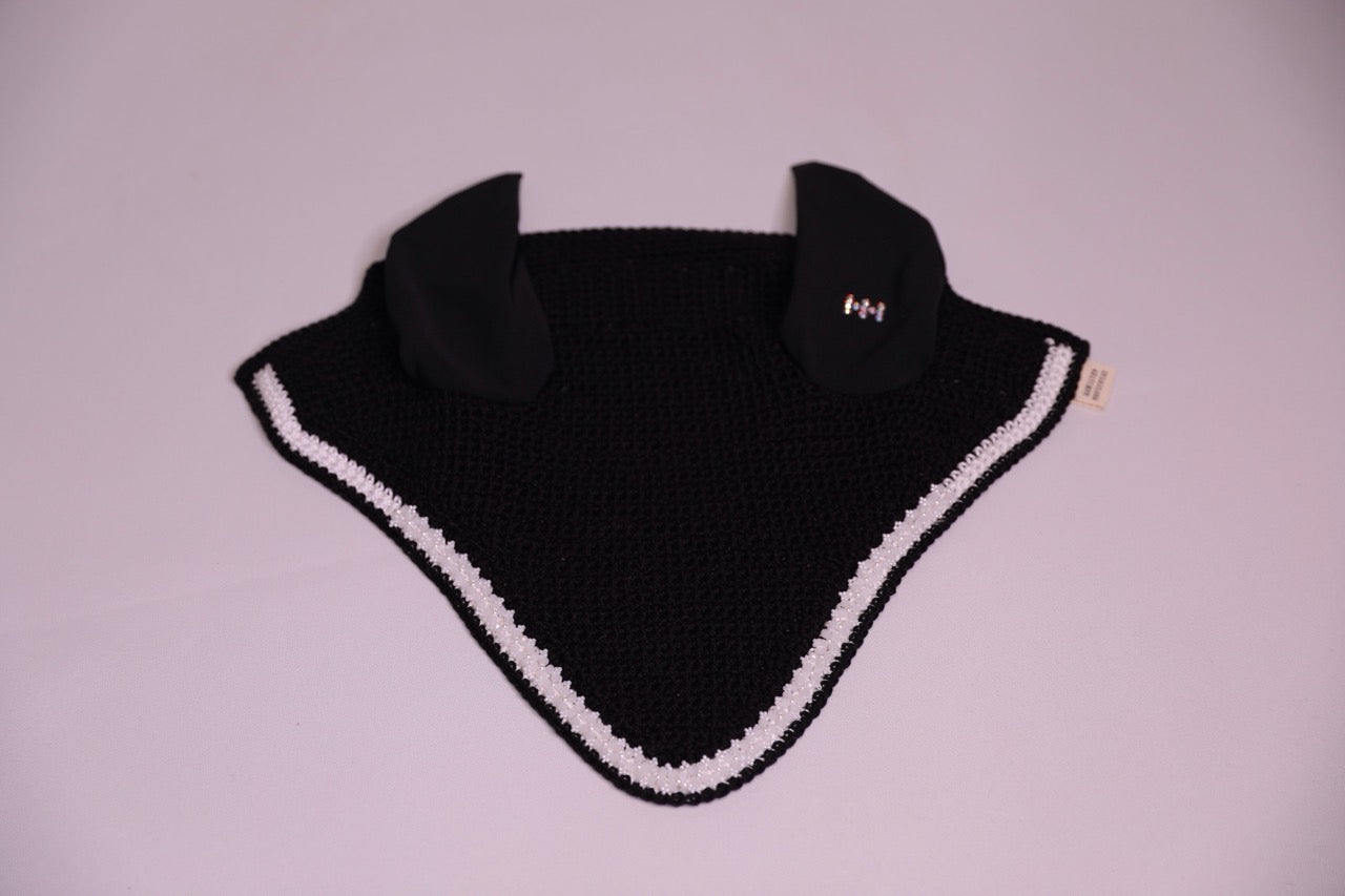 Black Horse Bonnet - Handmade crochet white and black trim with Swarovski crystals and hand beadwork with crystals.