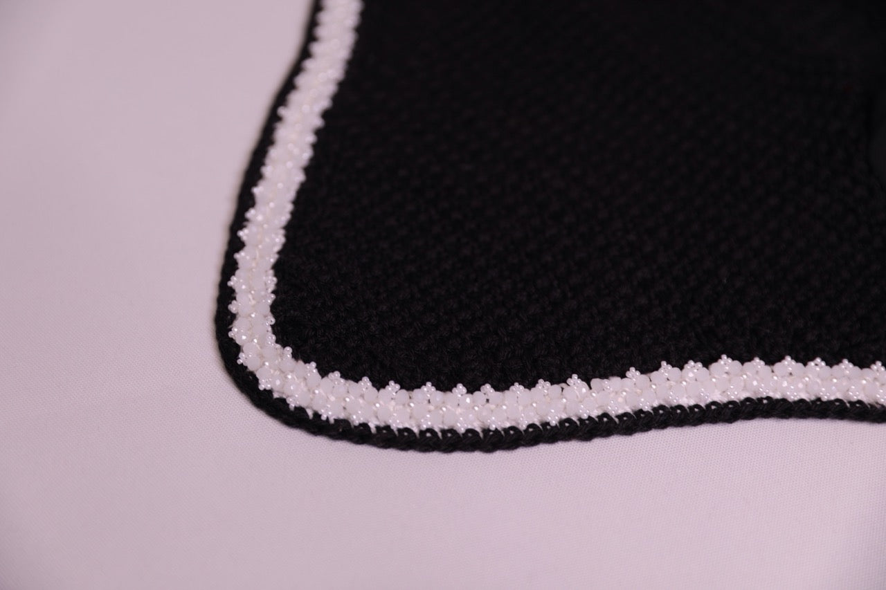 Black Horse Bonnet - Handmade crochet white and black trim with Swarovski crystals and hand beadwork with crystals.