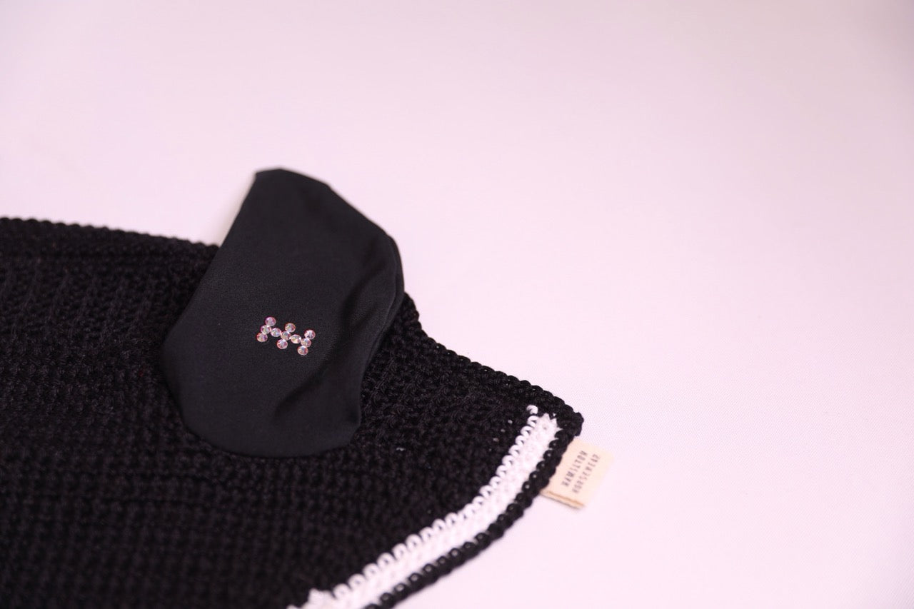 Black Horse Bonnet - Handmade crochet white and black trim with Swarovski crystals and hand beadwork with crystals.