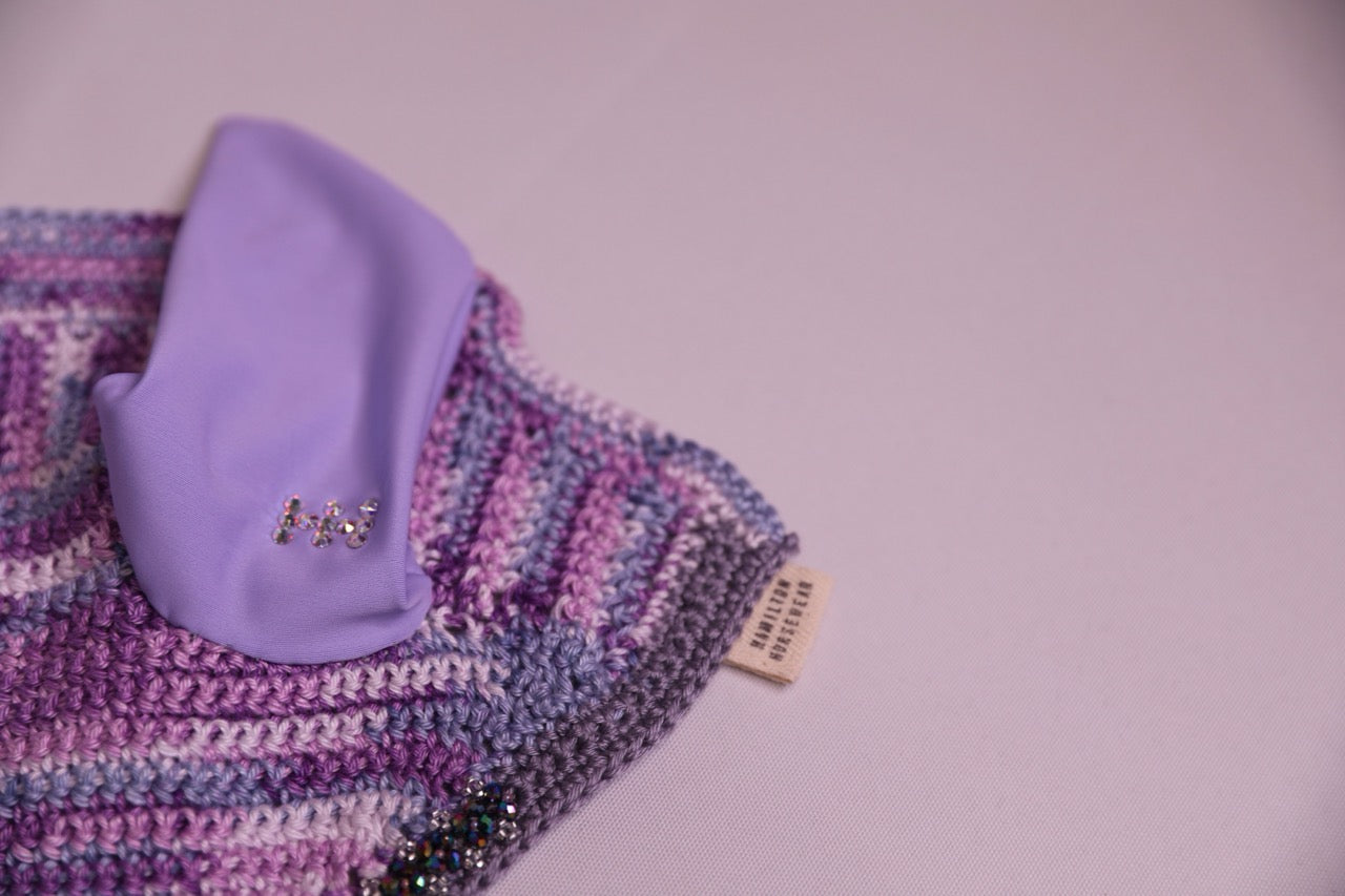 Unicorn Purple Horse Bonnet purple trim Swarovski crystals and hand beadwork with crystals.