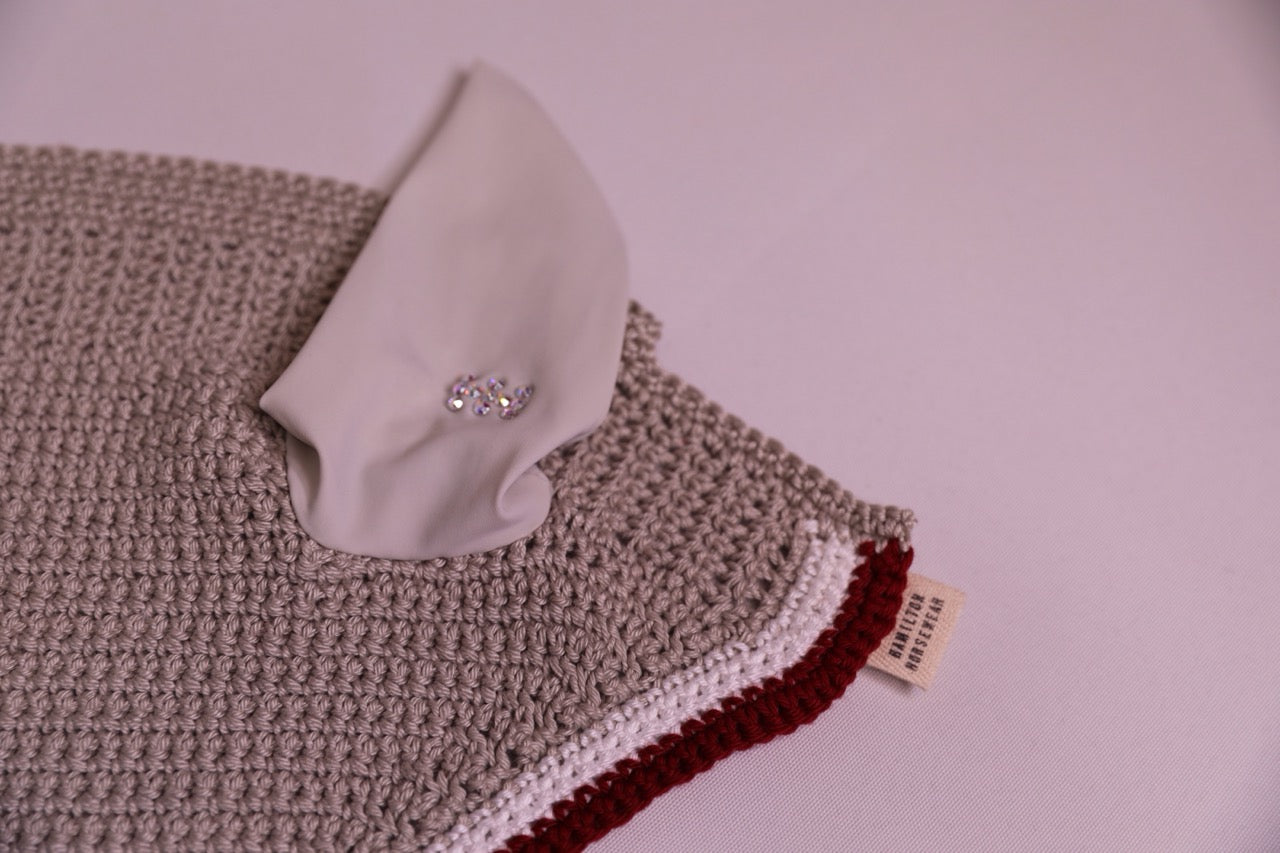 Varsity Edition Silver Horse Bonnet white and burgundy trim with Swarovski crystals.