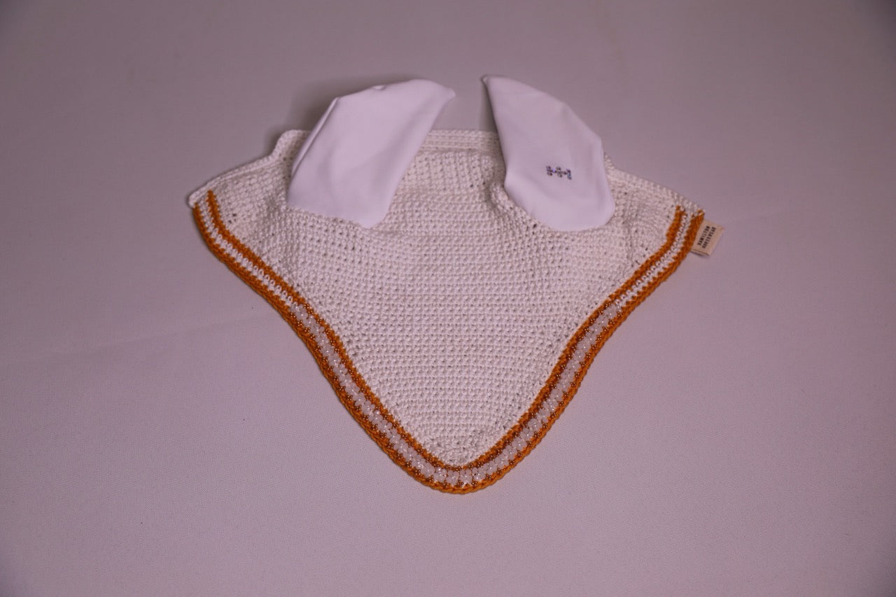 White Horse Bonnet - Handmade crochet white and gold trim with Swarovski crystals and hand beadwork with crystals.