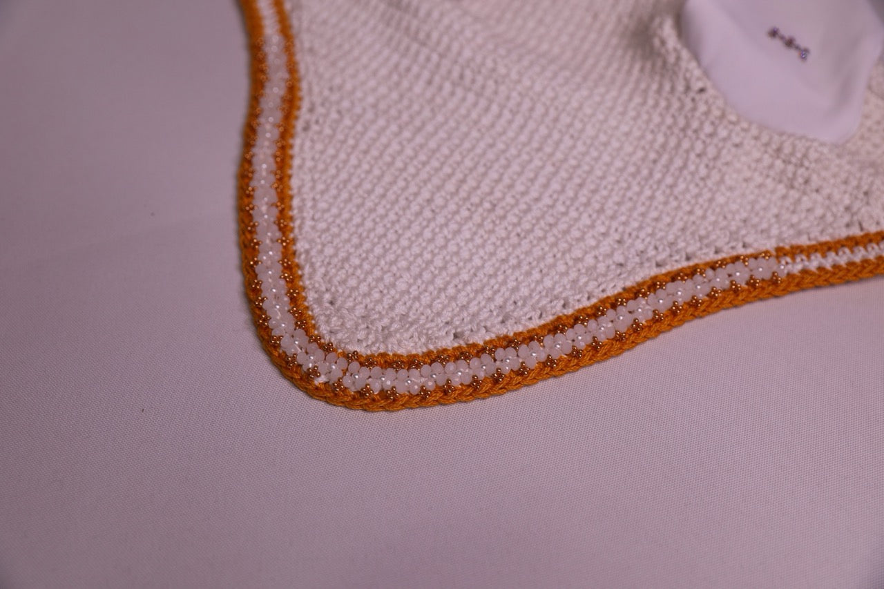 White Horse Bonnet - Handmade crochet white and gold trim with Swarovski crystals and hand beadwork with crystals.