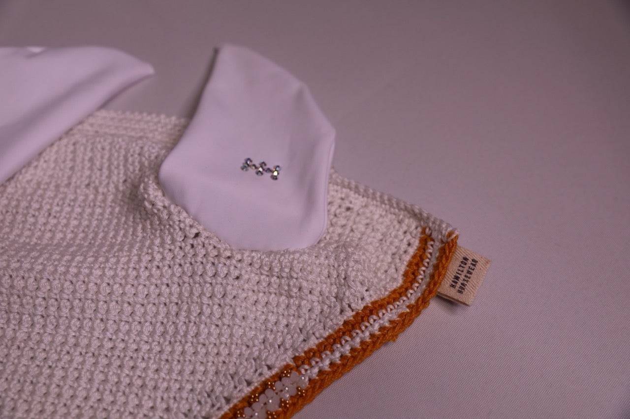 White Horse Bonnet - Handmade crochet white and gold trim with Swarovski crystals and hand beadwork with crystals.