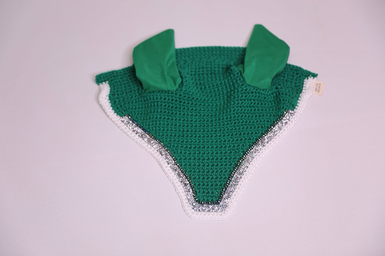 Hand Crocheted Hunter Green Horse Bonnet with rhinestones and crystals handmade in Canada