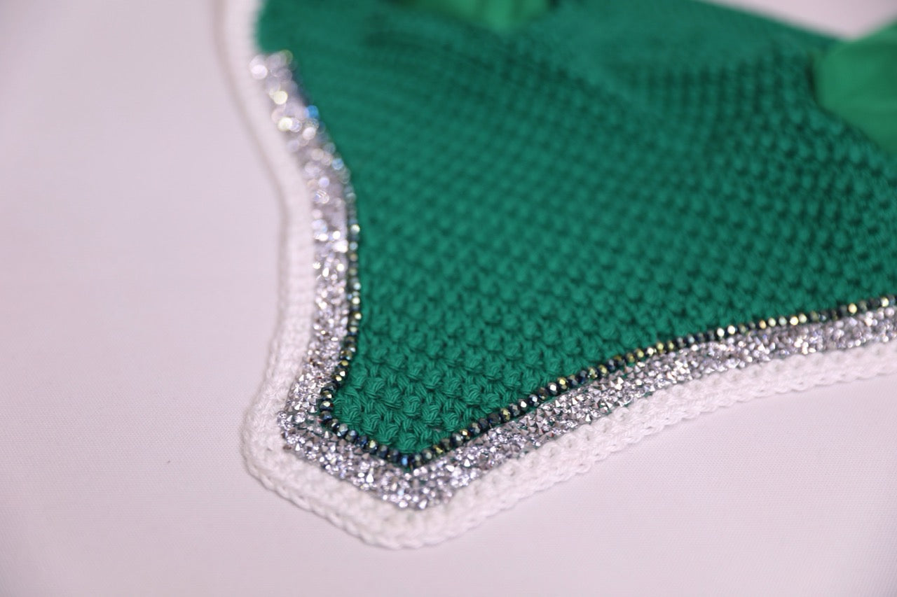 Hand Crocheted Hunter Green Horse Bonnet with rhinestones and crystals handmade in Canada